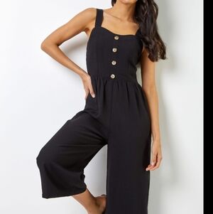 NWT Lily Morgan 2X Wide Leg Pleated Top Button Up Solid Black Culotte Jumpsuit